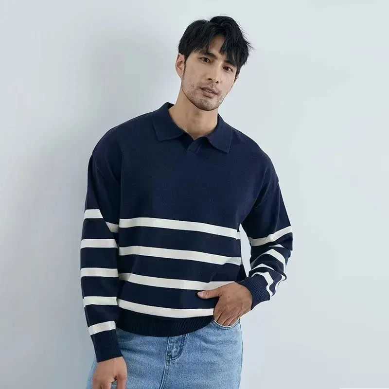 Autumn Simple Lapel Striped Sweater For Men Casual Vintage Korean Fashion Knitwear Top New Y2K Loose Knitted Pullover Jumper