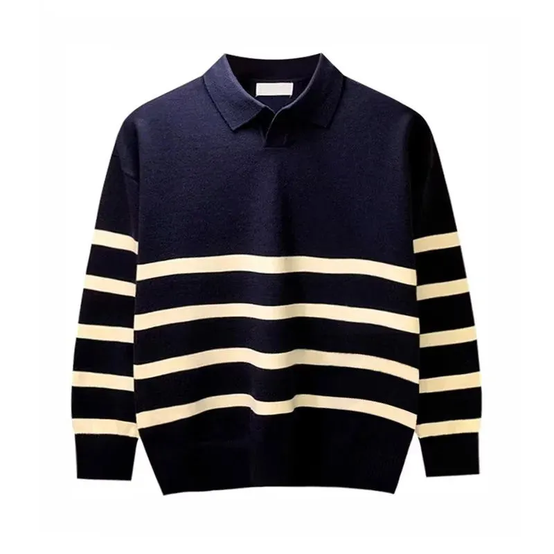 Autumn Simple Lapel Striped Sweater For Men Casual Vintage Korean Fashion Knitwear Top New Y2K Loose Knitted Pullover Jumper