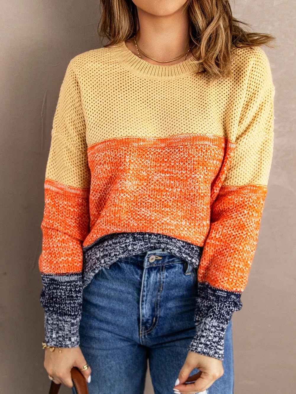 Blue Netted Texture Color Block Pullover Sweater