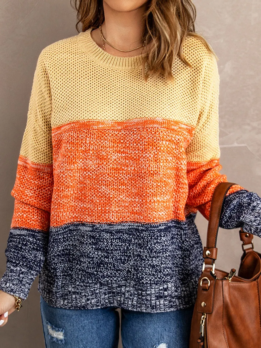 Blue Netted Texture Color Block Pullover Sweater