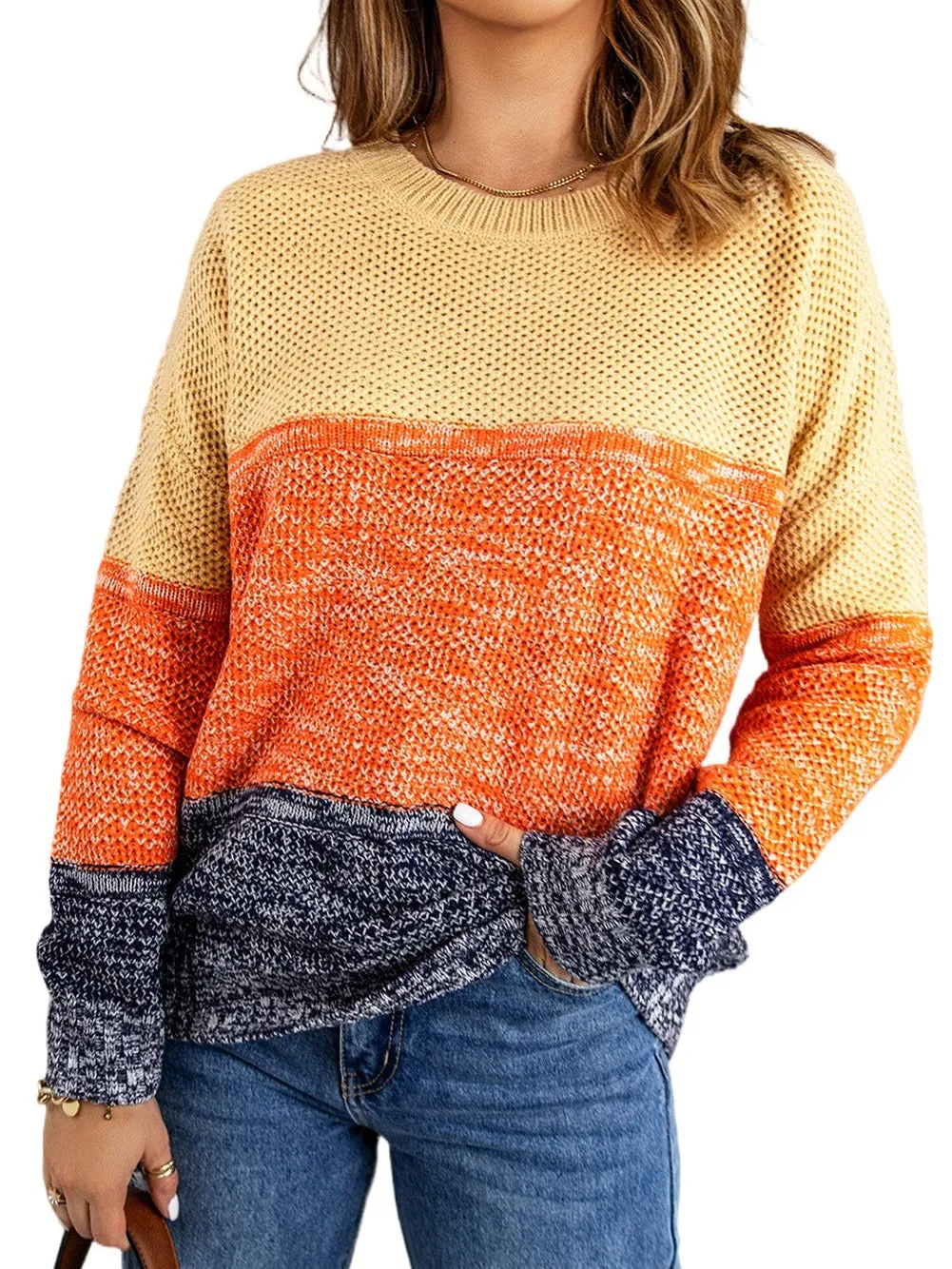 Blue Netted Texture Color Block Pullover Sweater