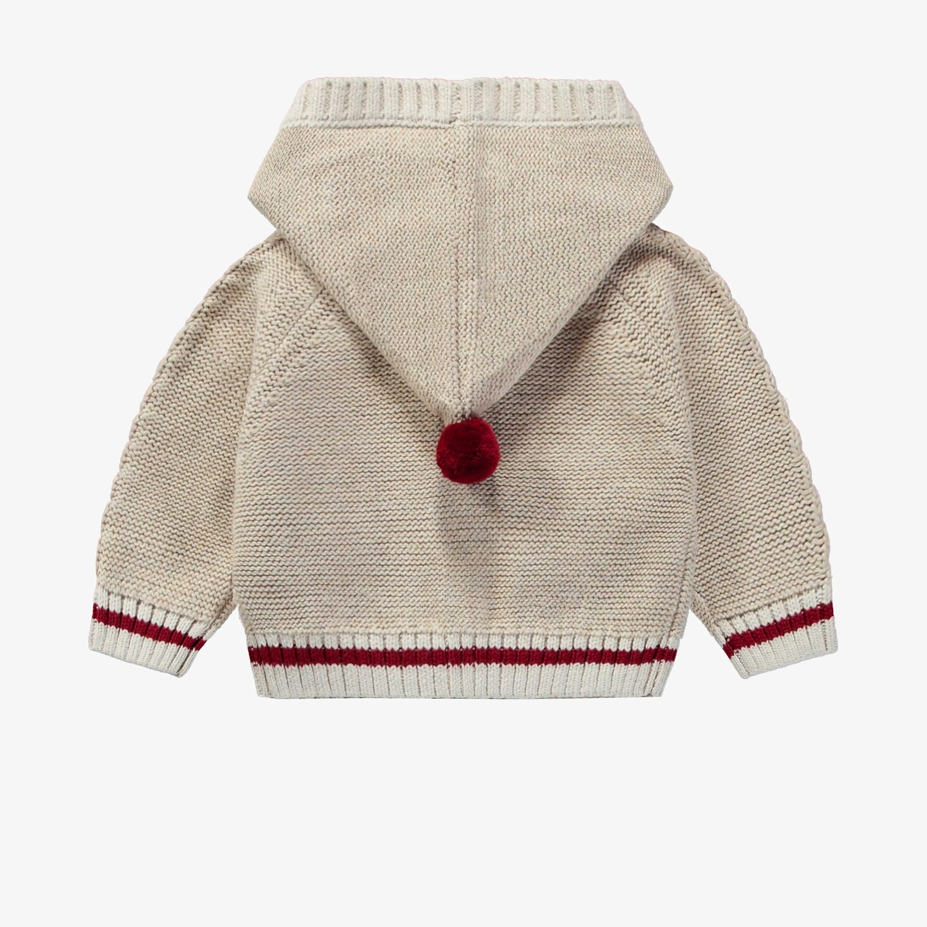 Cardigan en tricot beige avec motifs tressés avec capuchon, naissance || Beige knit cardigan with braided pattern and hood, newborn