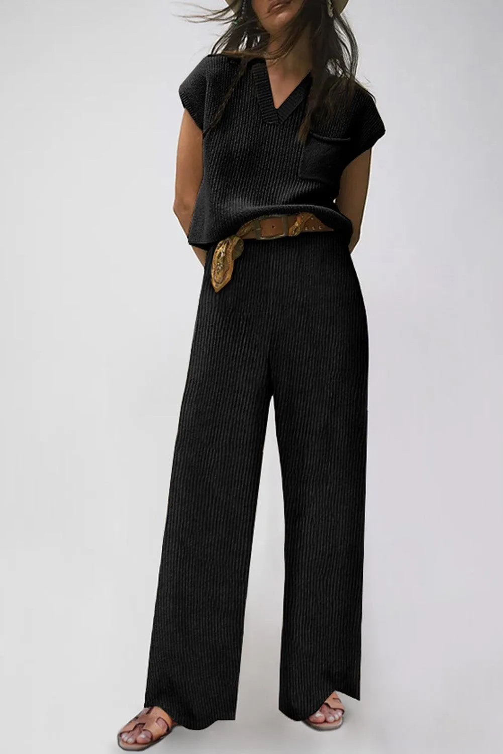 Effortless Elegance: Cozy Black Knit V Neck Sweater and Wide Leg Pants Set