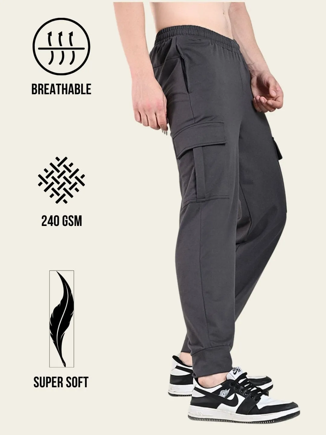 FITINC All Weather Cotton Zipper Pockets Jogger Cargo for Men - Charcoal