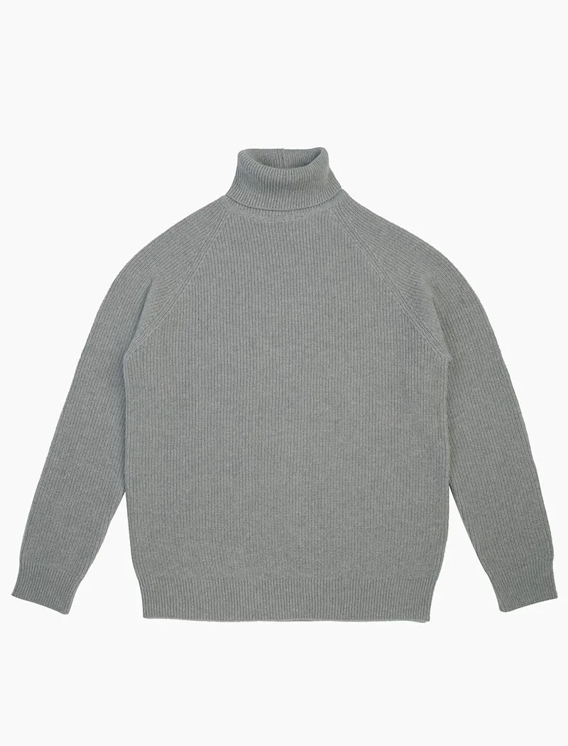 Grey Ribbed Wool & Cashmere Roll Neck Jumper