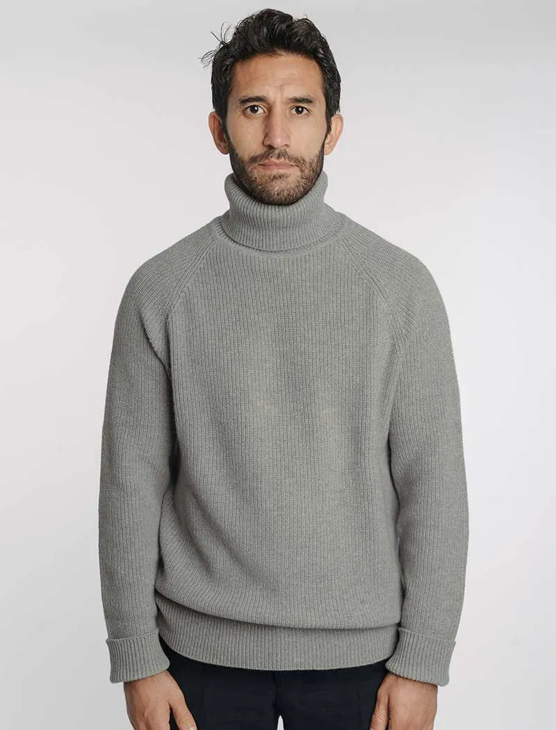 Grey Ribbed Wool & Cashmere Roll Neck Jumper