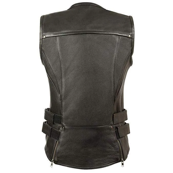 Milwaukee Leather Women's Zipper Front SWAT Style Black Leather Vest with Gun Pockets