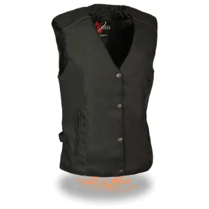 Milwaukee Performance Textile-SH1955-Ladies Black and Red Textile Snap Front Vest with Wing  Embroidery