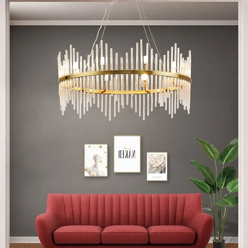 Modern Crystal Rod Chandelier with Brass Accents - 6/8 Lights - Ideal for Living Room