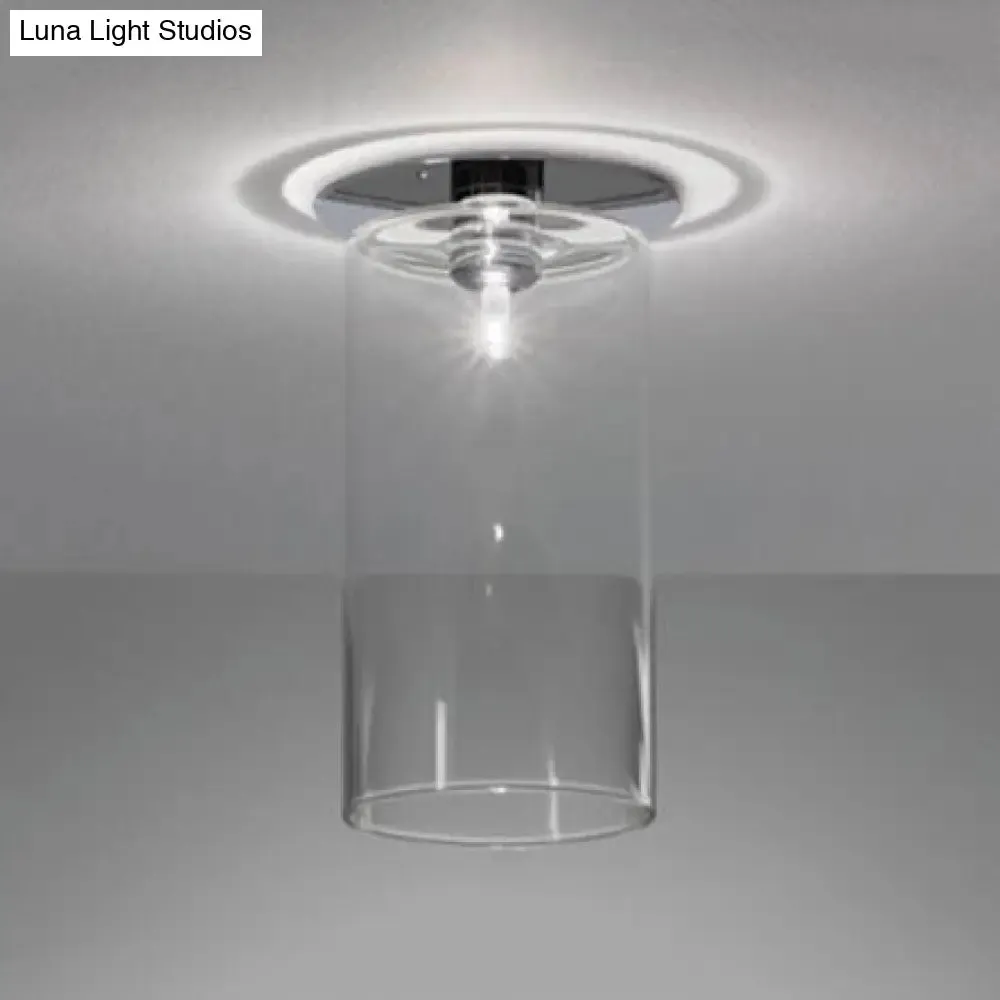 Modernist Clear Glass Flush Mount Lighting - 1 Light Nickel Ceiling Fixture, Various Width Options