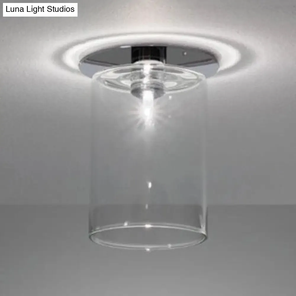 Modernist Clear Glass Flush Mount Lighting - 1 Light Nickel Ceiling Fixture, Various Width Options