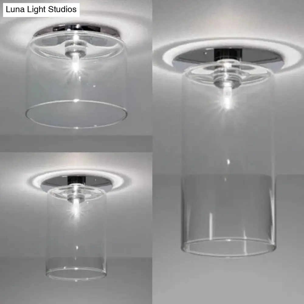 Modernist Clear Glass Flush Mount Lighting - 1 Light Nickel Ceiling Fixture, Various Width Options