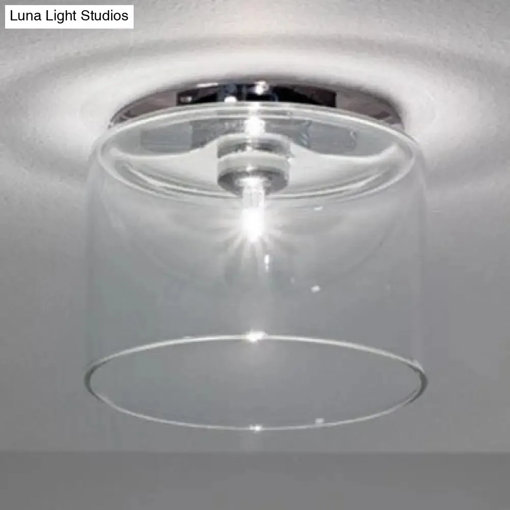 Modernist Clear Glass Flush Mount Lighting - 1 Light Nickel Ceiling Fixture, Various Width Options