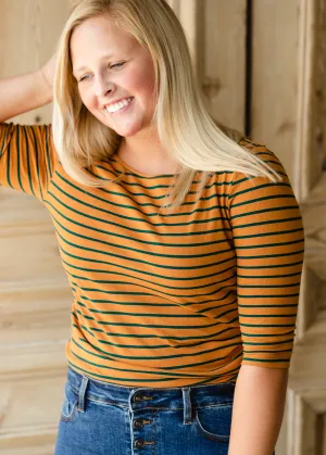 Mustard   Emerald Striped 3/4 Top - FINAL SALE