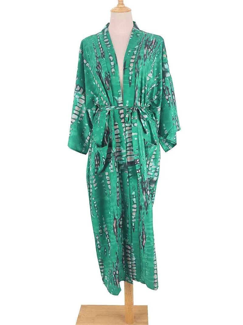 Tie-Dye Print Different Color Rayon Long Length Gown Kimono Duster Robe