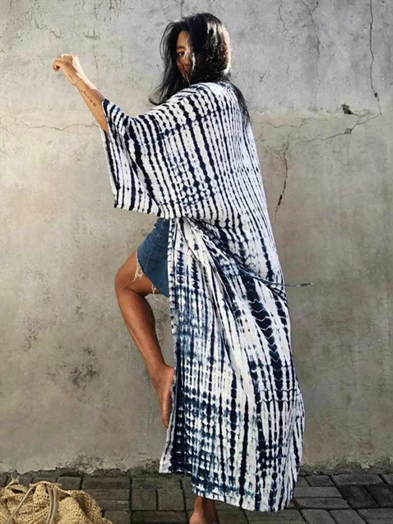 Tie-Dye Print Different Color Rayon Long Length Gown Kimono Duster Robe