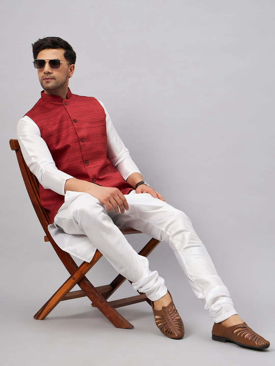 VASTRAMAY Maroon Matka Silk Nehru Jacket