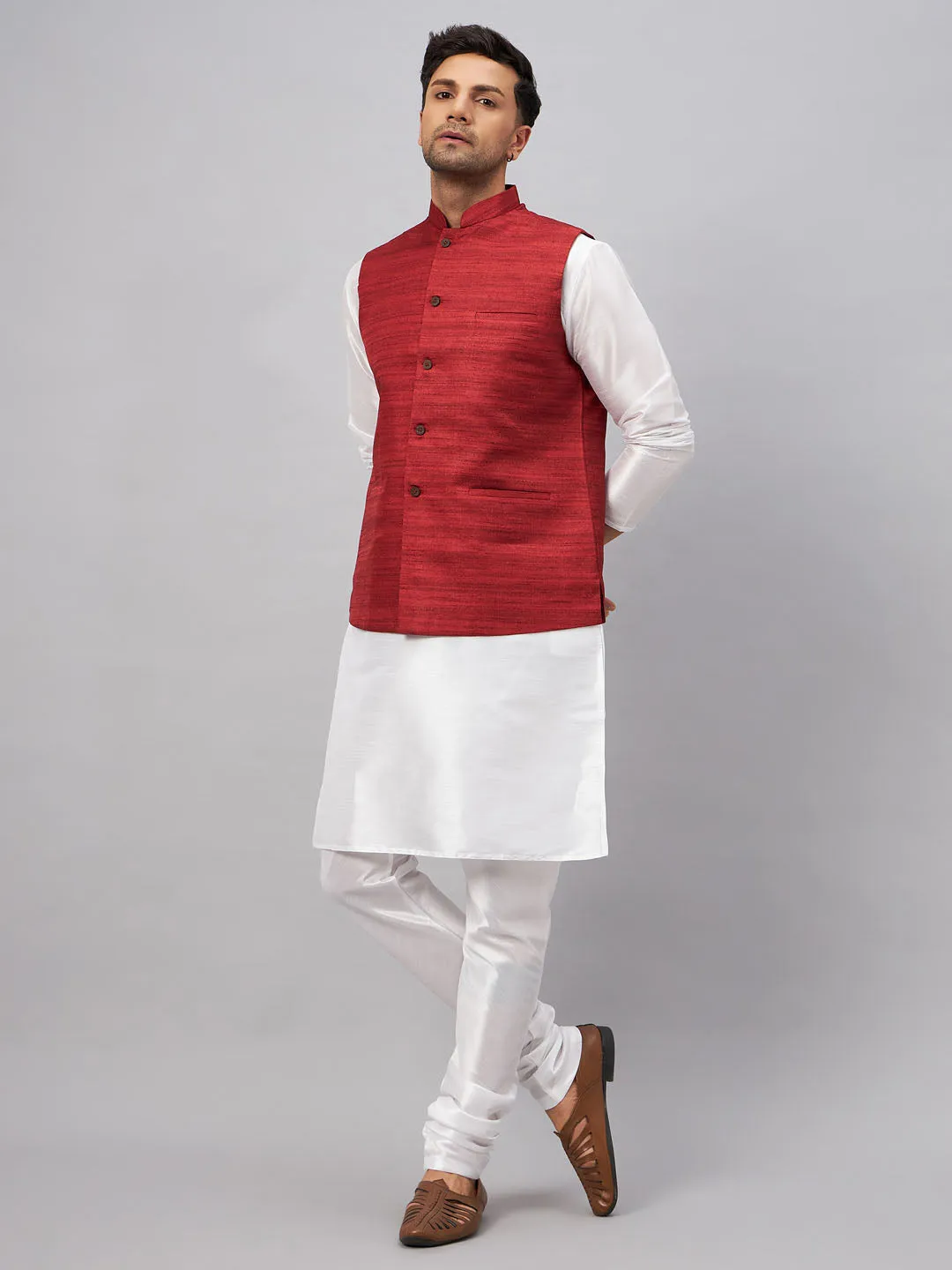 VASTRAMAY Maroon Matka Silk Nehru Jacket