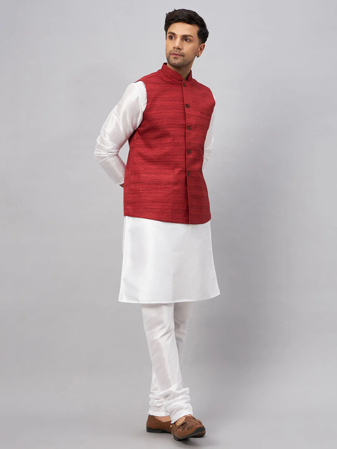 VASTRAMAY Maroon Matka Silk Nehru Jacket