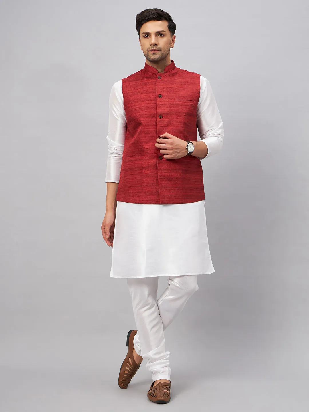 VASTRAMAY Maroon Matka Silk Nehru Jacket