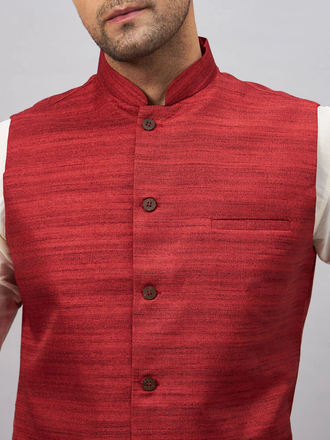 VASTRAMAY Maroon Matka Silk Nehru Jacket