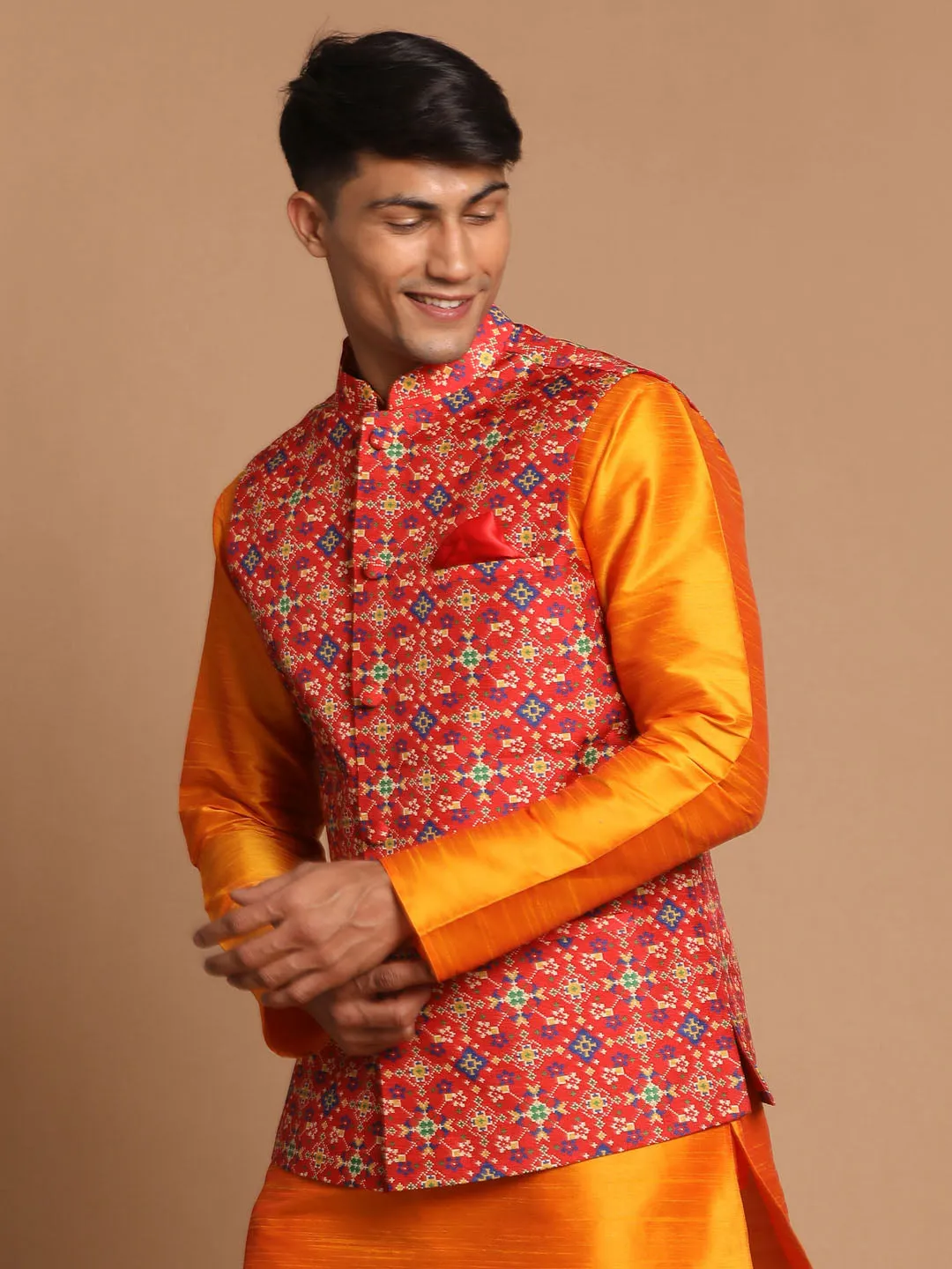 VASTRAMAY Maroon Patola Nehru Jacket