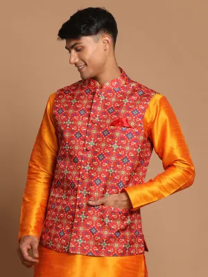 VASTRAMAY Maroon Patola Nehru Jacket