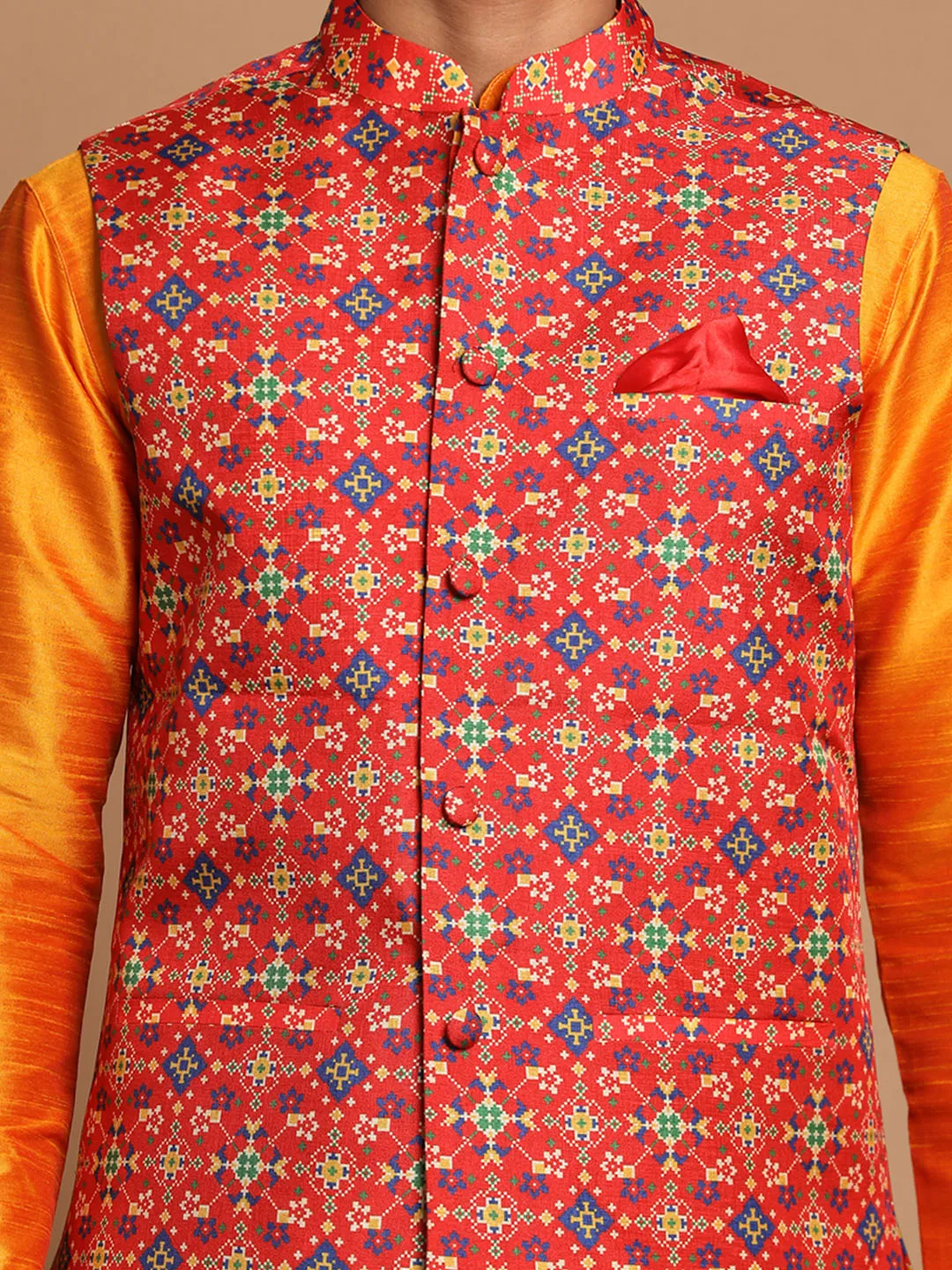 VASTRAMAY Maroon Patola Nehru Jacket