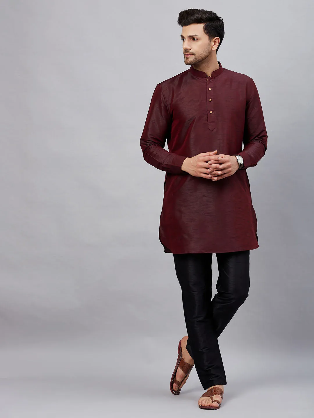 Vastramay Men's Wine Silk Kurta Set