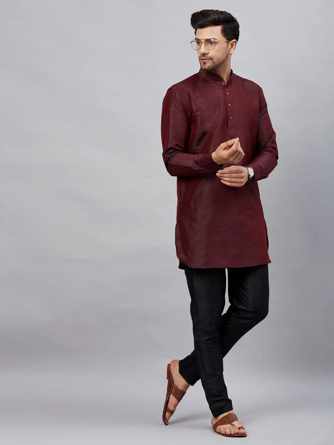 Vastramay Men's Wine Silk Kurta Set