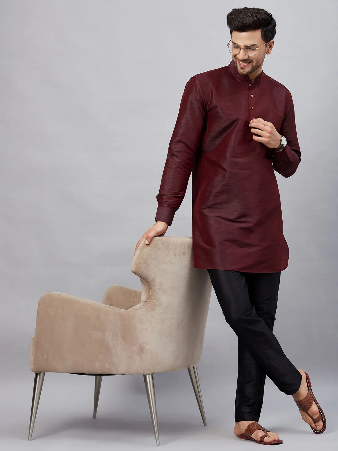 Vastramay Men's Wine Silk Kurta Set