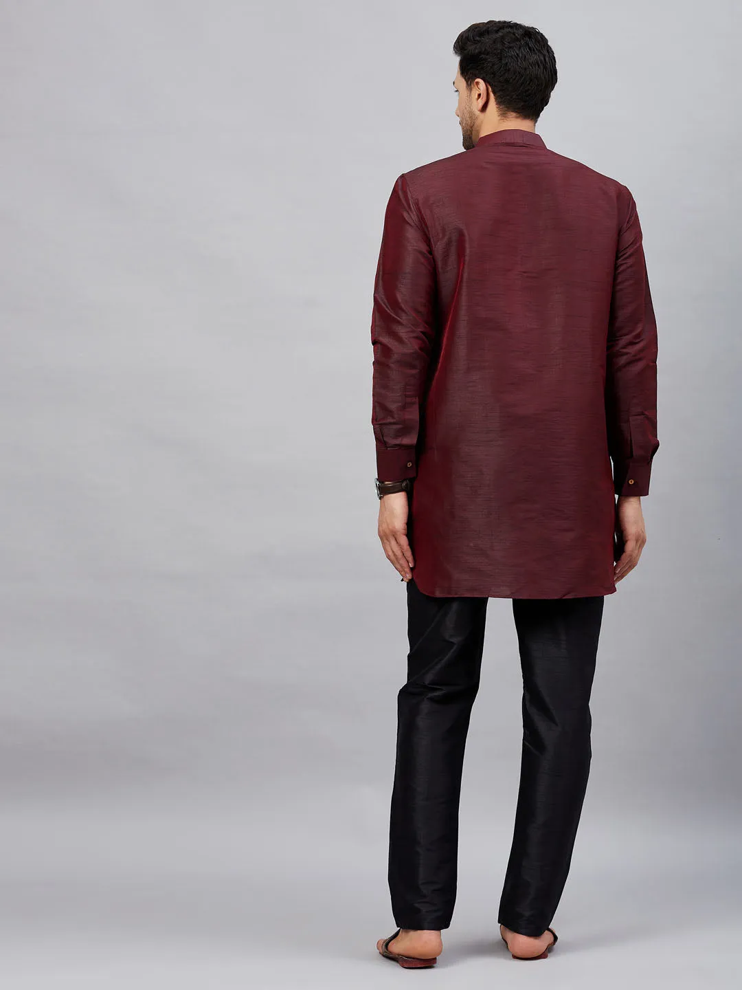 Vastramay Men's Wine Silk Kurta Set