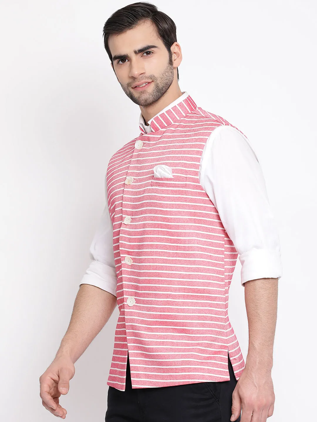 VASTRAMAY Red Stripes Nehru Jacket