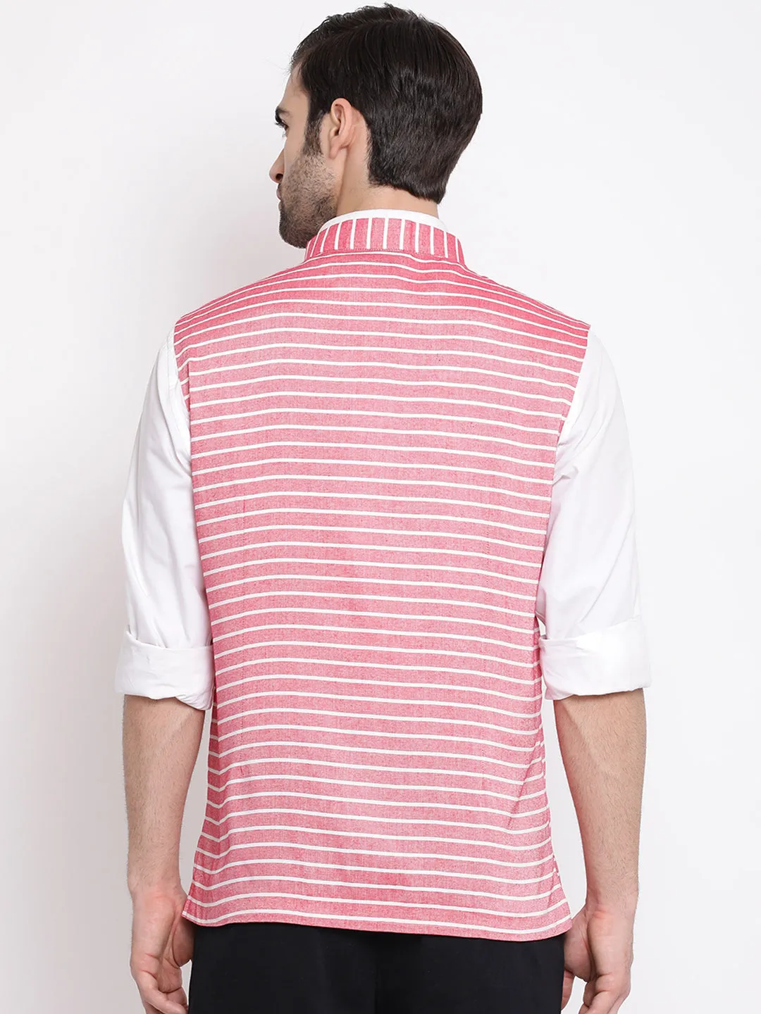 VASTRAMAY Red Stripes Nehru Jacket