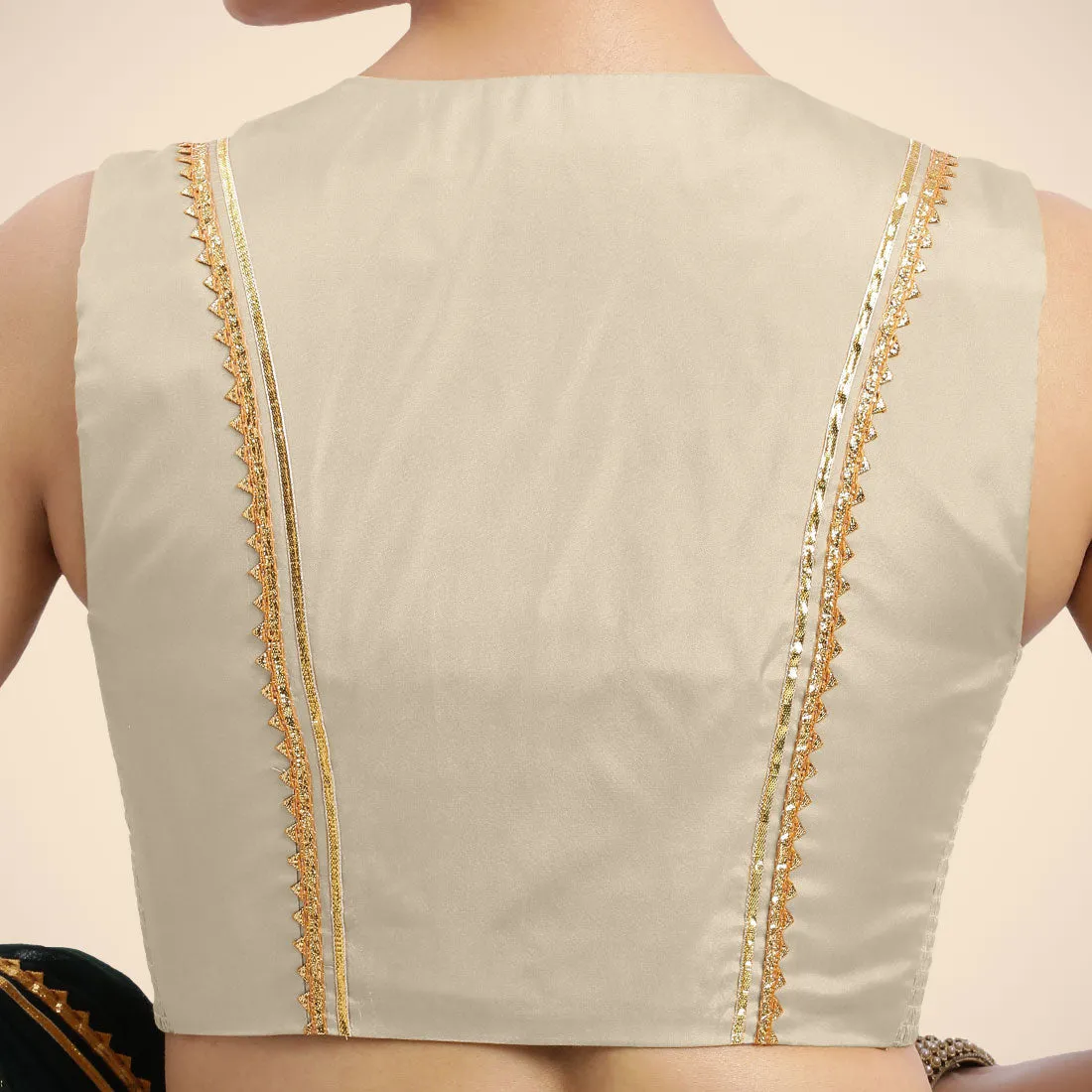 Veena x Tyohaar | Cream Sleeveless FlexiFit™ Saree Blouse with Front Open Closed Neckline with Slit and Golden Gota Lace