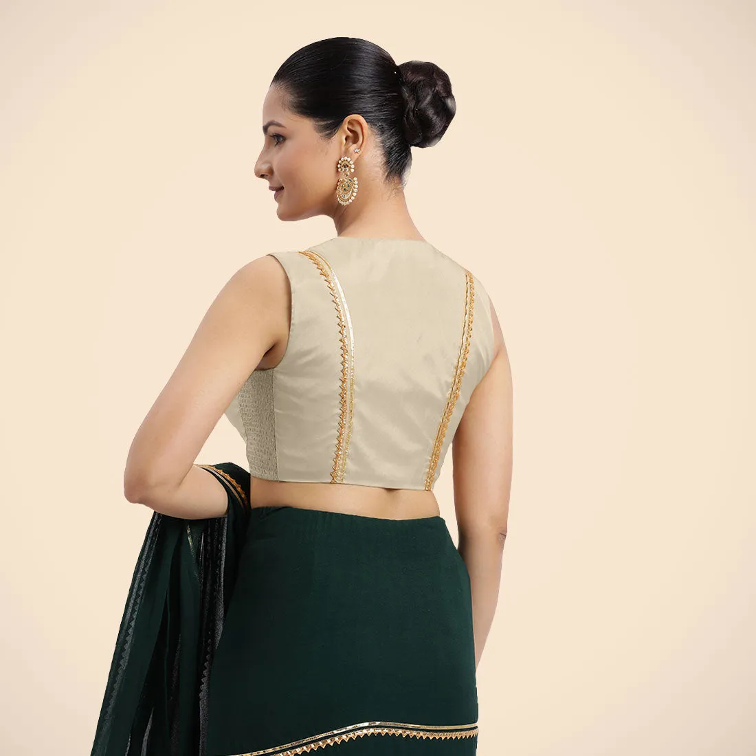 Veena x Tyohaar | Cream Sleeveless FlexiFit™ Saree Blouse with Front Open Closed Neckline with Slit and Golden Gota Lace