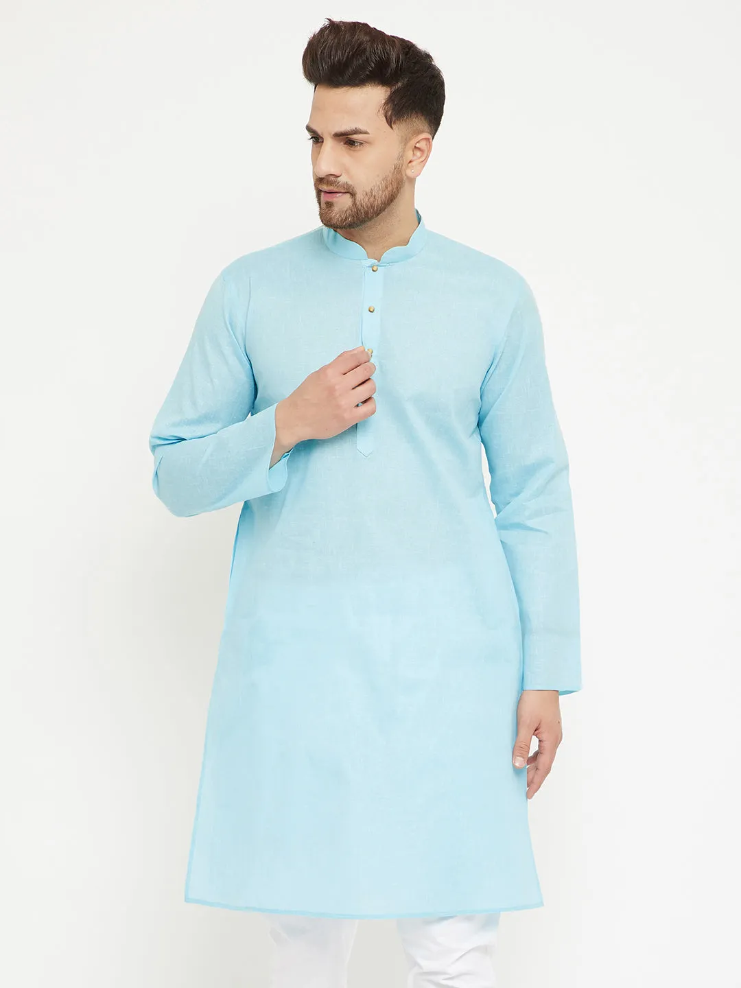 VM BY VASTRAMAY  Men's Aqua Cotton Blend Kurta