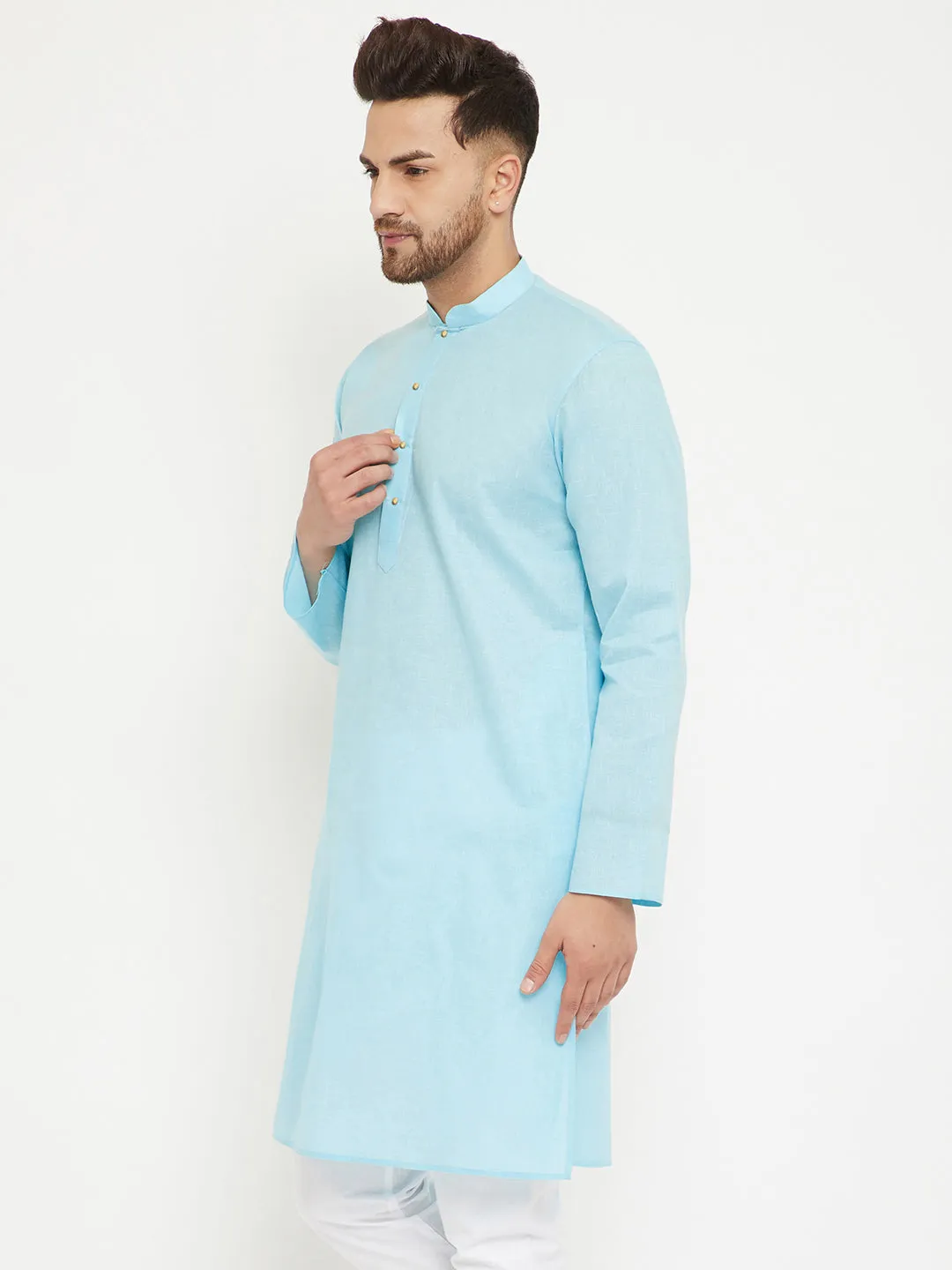 VM BY VASTRAMAY  Men's Aqua Cotton Blend Kurta