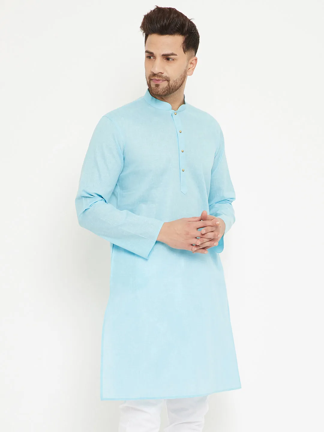 VM BY VASTRAMAY  Men's Aqua Cotton Blend Kurta