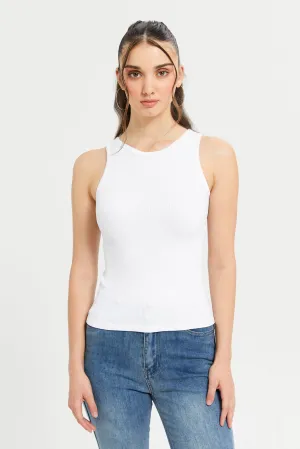 Women White Ribbed Vest Top