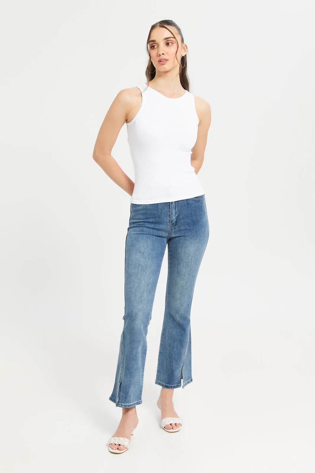 Women White Ribbed Vest Top