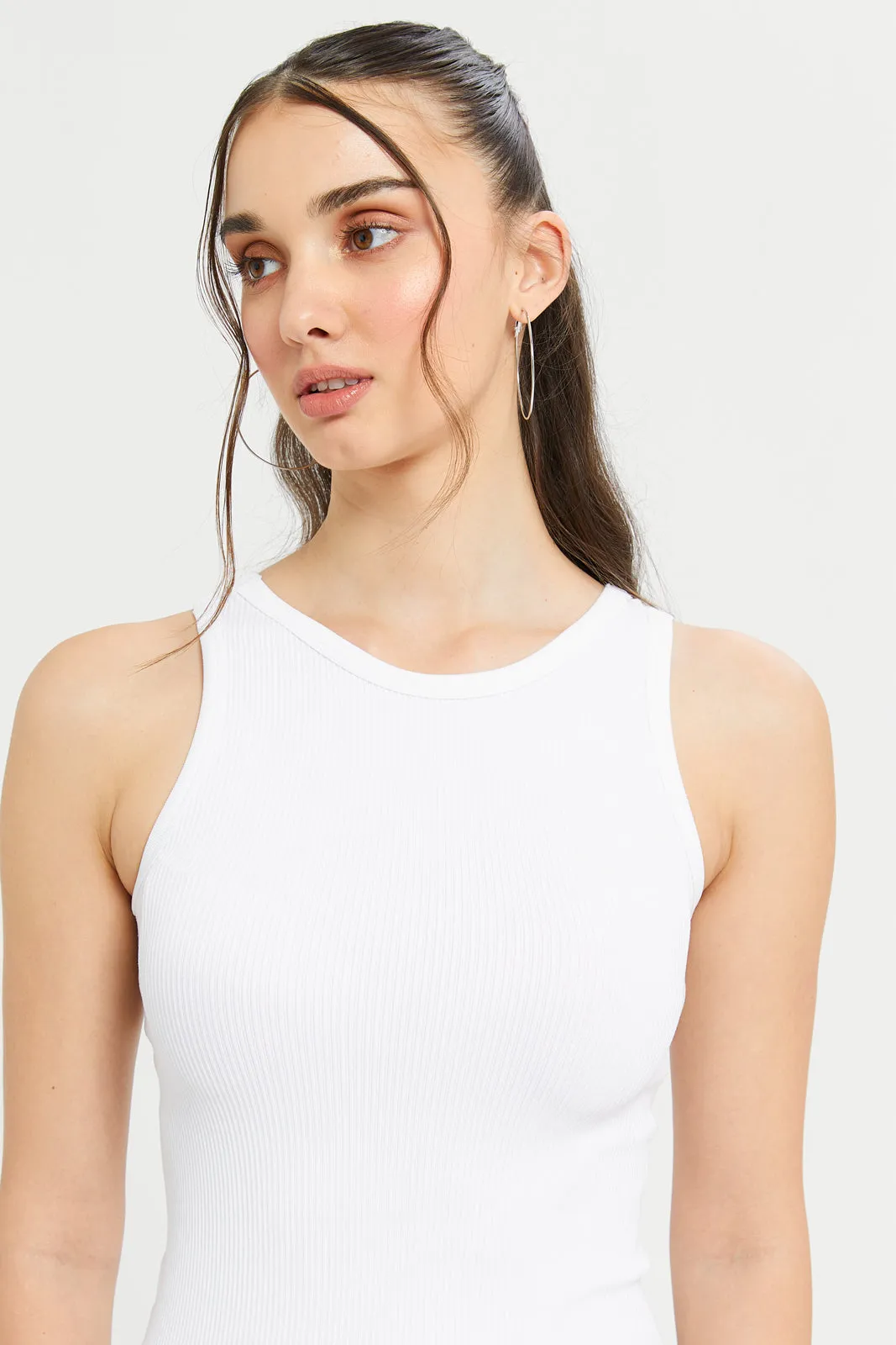 Women White Ribbed Vest Top