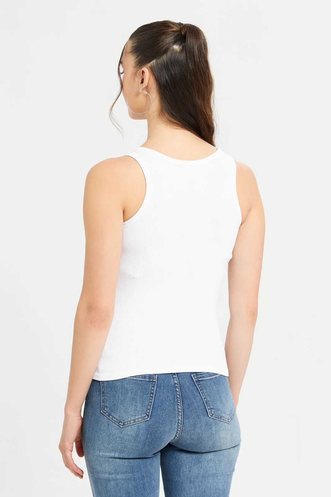 Women White Ribbed Vest Top